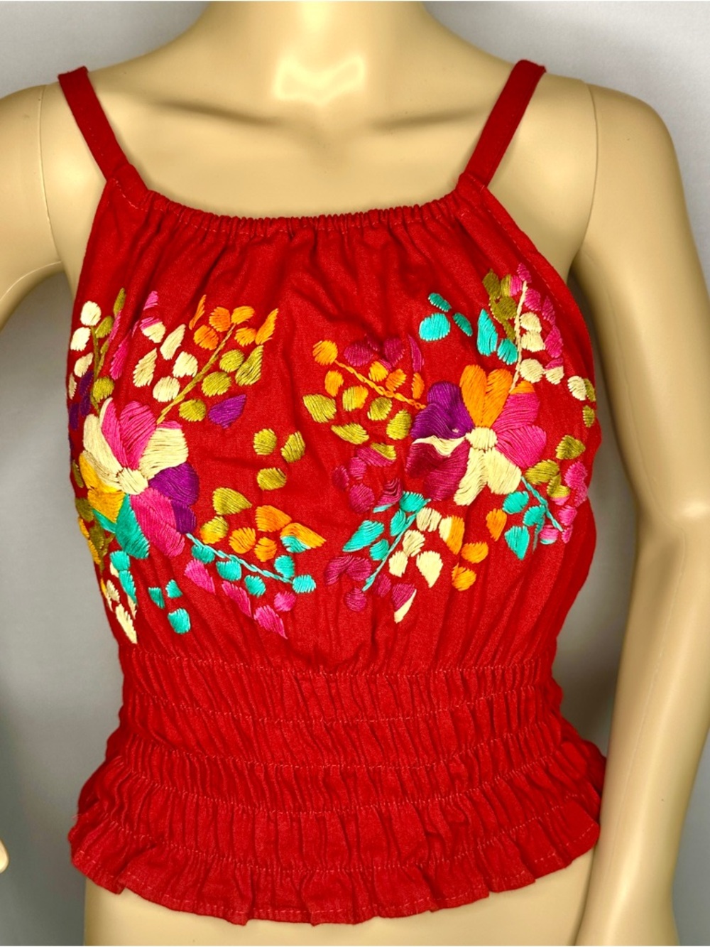 New Red Floral Mexican Embroidered Top – Natural Cotton Adjustable